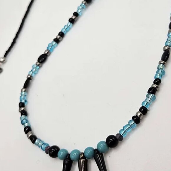 Boho Aqua Marine & Black Spiked 30" Beaded Necklace - Picture 3 of 10
